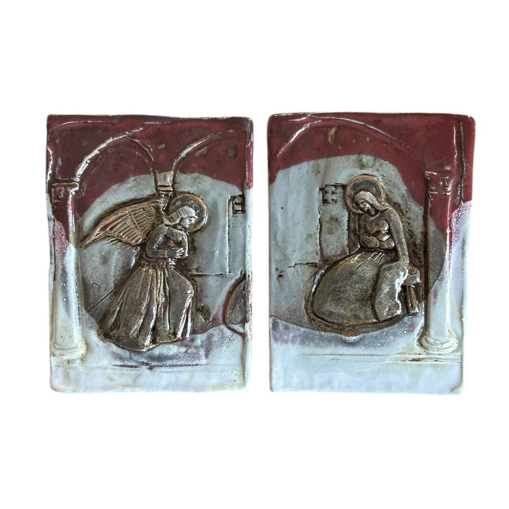 Pair of Vintage Clay Slab Glazed Angel Religious Wall Plaques - Signed
